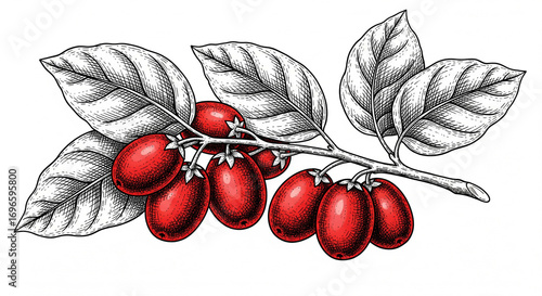 Detailed Illustration of Red Coffee Cherries on a Branch with Green Leaves, Isolated transparent background