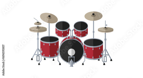 Stylized drum set illustration with red drums and beige cymbals against a clean white background bringing a playful vibrancy and musical energy