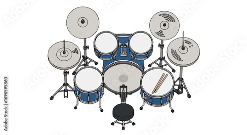 Detailed Illustration of a Blue Drum Set: A Comprehensive Musical Instrument Setup Depicted with Precision and Care in a Clean White Space