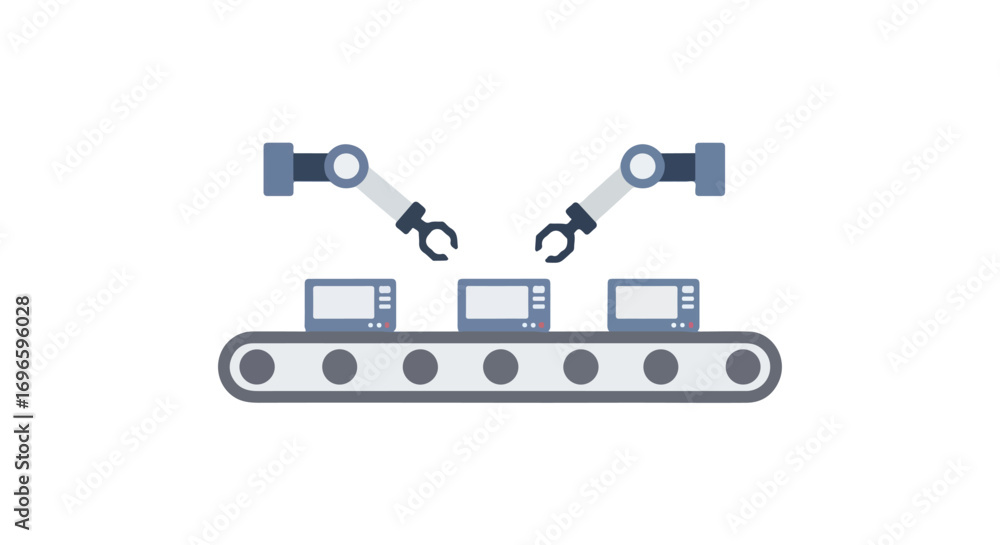 Fototapeta premium Automated production line illustration featuring robotic arms and manufactured items on a conveyor belt with clean design portraying advanced