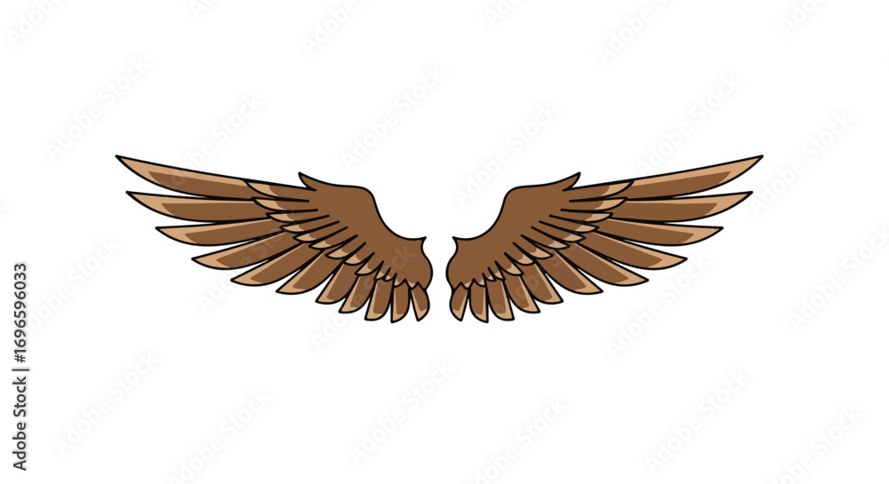 Fototapeta premium Elegant Spread: Brown Feathered Wings Graphic Illustration on Clean White Backdrop Depicting Flight and Freedom