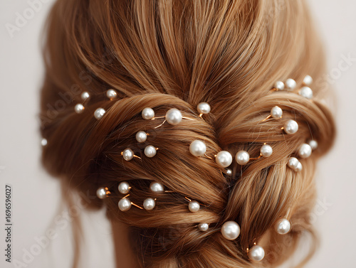 Elegant hairstyle close up with pearls and decorative pins, featuring intricate braids and soft brown hair, perfect for weddings or formal events, radiating romantic mood