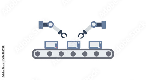 Automated production line illustration featuring robotic arms and manufactured items on a conveyor belt with clean design portraying advanced