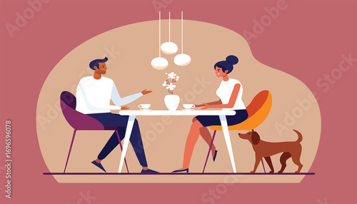 A couple enjoys a romantic dinner date with their pet dog under the table, depicting a cozy and modern dining experience in a flat illustration style