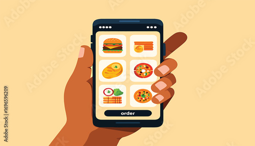 Ordering food online A hand holding a smartphone with a food delivery app interface