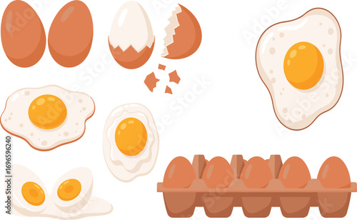 Egg illustration set, fried eggs, boiled egg, cracked shell, egg carton, breakfast food, protein source, kitchen ingredient, cooking concept