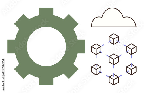 Green gear, cloud outline, and connected blockchain cubes highlight innovation and digital technology. Ideal for blockchain, cloud computing, technology development, networking, system optimization