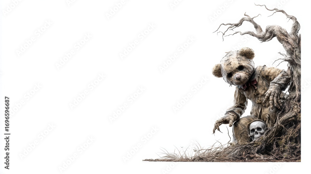 Obraz premium A haunting illustration of a teddy bear with a skull, intertwined with a gnarled tree, evoking themes of decay and nostalgia with space for text, Halloween teddy bear