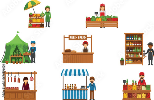 Farmers market stalls, fresh produce, local vendors, organic food, handmade goods, street fair, colorful tents, fruit stands, bread shop, meat counter