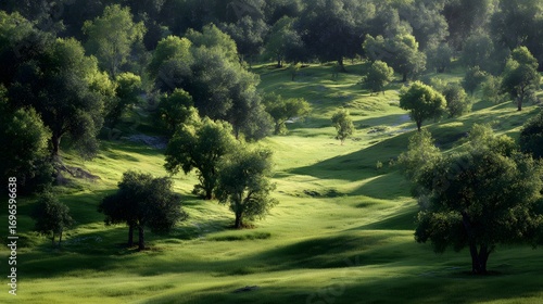 Lush green hills gently slope, dotted with trees bathed in soft sunlight.