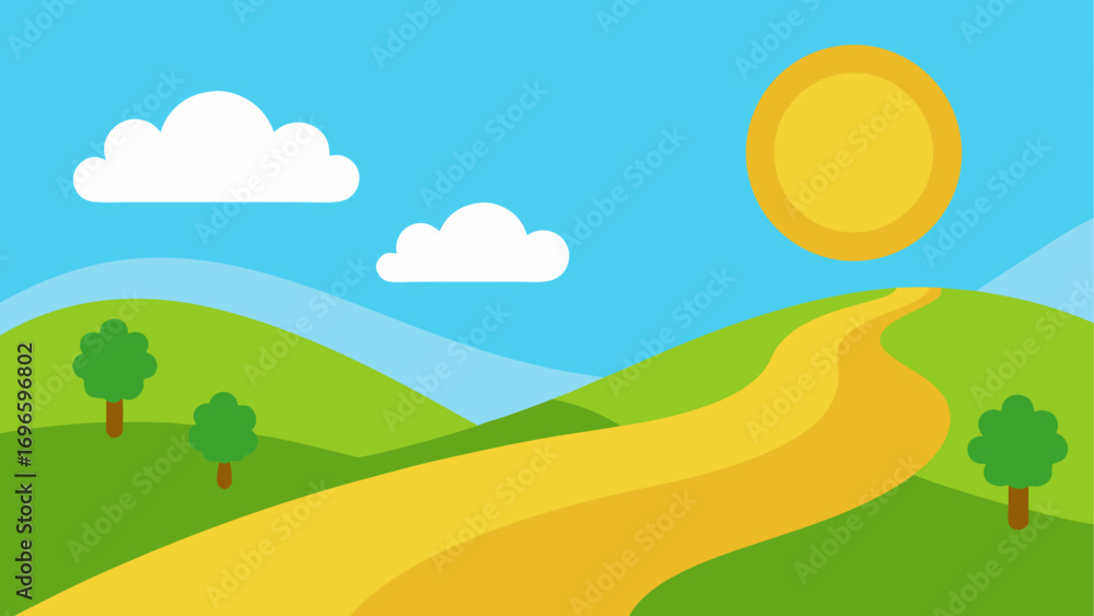 Fototapeta premium Cartoon landscape with road and sunshine