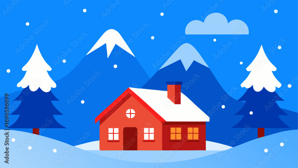 Naklejka premium Winter landscape with house and mountains