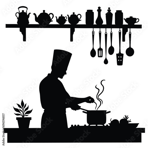 Chef silhouette cooking with vegetables and utensils