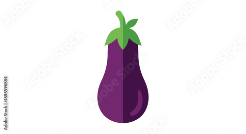 Stylized vector graphic of a vibrant purple eggplant with green leafy top isolated on a clean white background creating a modern and minimalist design
