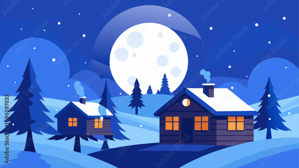 Naklejka premium Winter landscape with houses and full moon