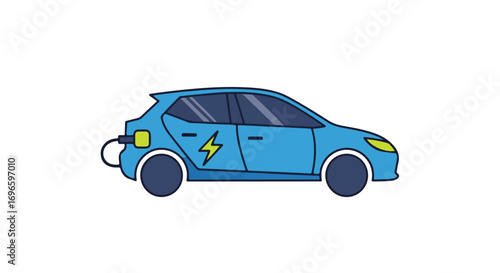Blue electric vehicle charging, ecological transportation innovation in automotive industry, eco-friendly lifestyle with future technology and
