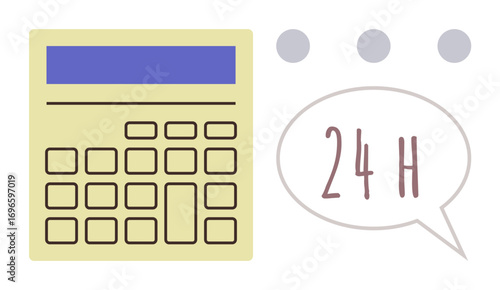 Digital calculator and speech bubble with 24H text indicating 24-hour accessibility. Ideal for productivity, time management, scheduling, work efficiency, deadline tracking, organization, simple flat