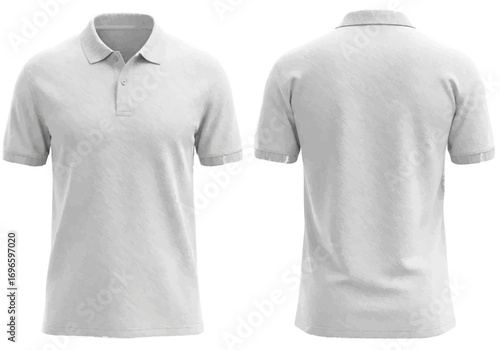 Front and back view of a plain white short-sleeved polo shirt mockup on a white background.