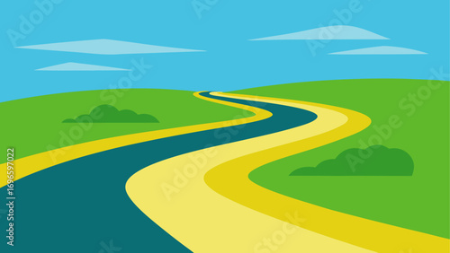 Winding road through green hills and sky