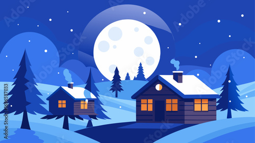 Winter landscape with houses and full moon