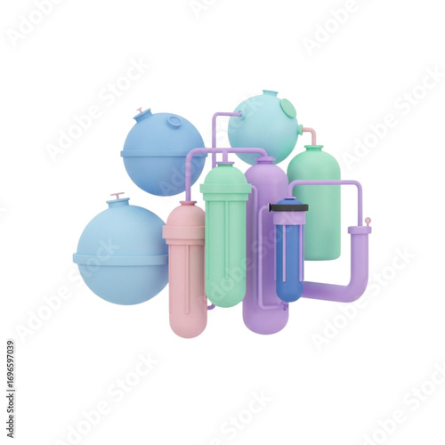 Colorful water filtration system with tanks and cartridges isolated on transparent background