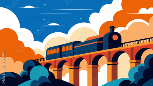 Train crossing bridge with sky backdrop