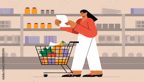 Woman Grocery Shopping with List and Cart