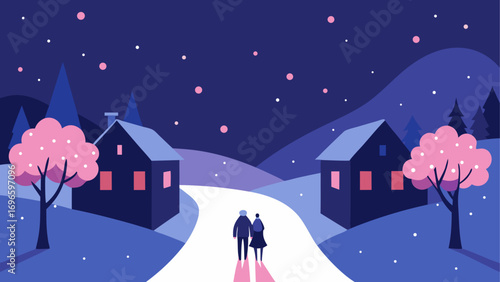 Couple walking in a winter night scene