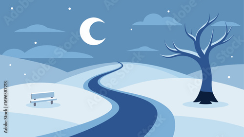 Winter landscape with moon and snowy path