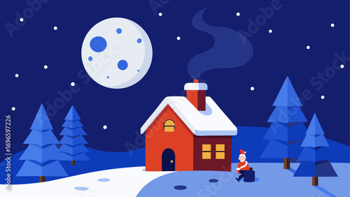 Santa visiting house under moonlit sky
