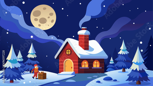 Winter scene with house and moonlit night