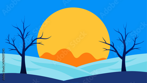 Winter sunset with barren trees landscape