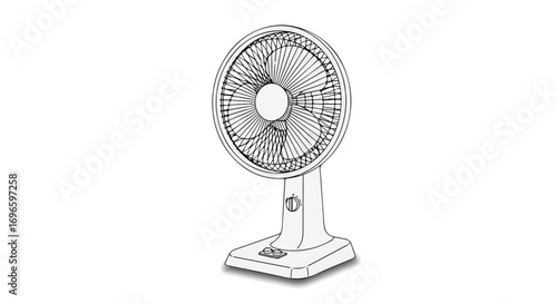 Stylized monochrome drawing of a portable electric fan on a white backdrop illustrating cooling technology in a minimalist way