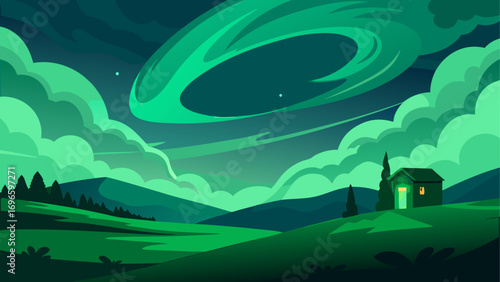 Green landscape with house and sky vortex