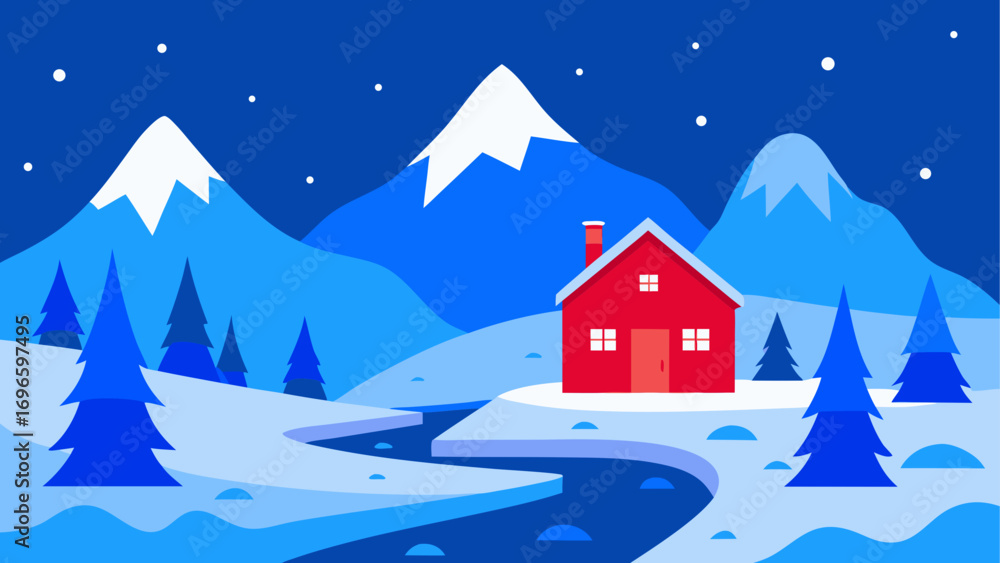 Fototapeta premium Winter landscape with house and mountains