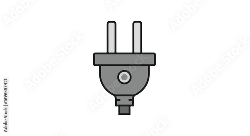 An isolated grey electrical plug with two pins stands out against a stark white background in this graphic representation