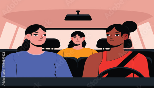 Women enjoying a scenic road trip together in a car