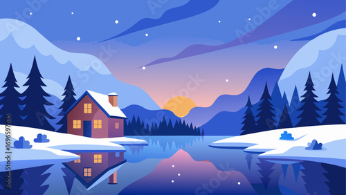 Winter landscape with house and reflection