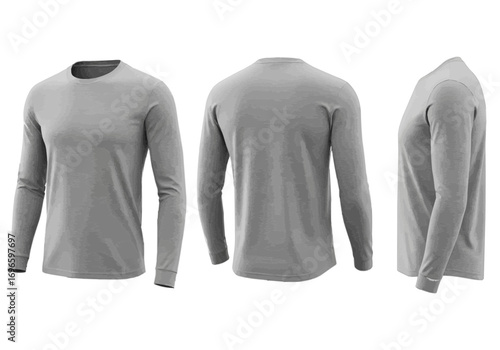 Grey long-sleeve shirt shown from three different angles.