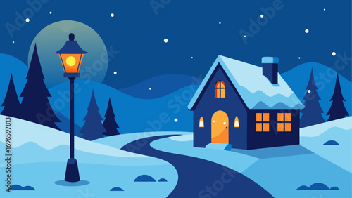 Winter night scene with house and streetlamp
