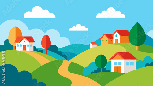Cartoon landscape with houses and hills