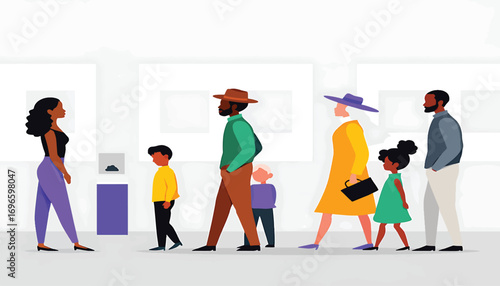 Visitors exploring contemporary art in a brightly lit museum, featuring diverse individuals and families engaging with cultural displays
