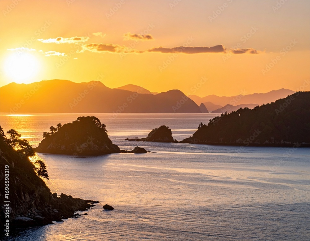 Fototapeta premium Breathtaking golden hour sunrise over a tranquil sea, with silhouetted islands and mountains creating a serene coastal landscape