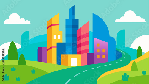 Colorful city landscape with road and sky