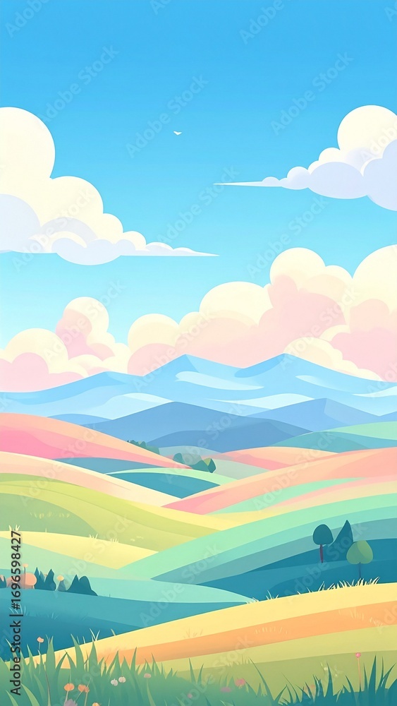 Obraz premium A dreamy idyllic landscape illustration of multicolored rolling fields and hills leading to distant mountains under a beautiful cloudy sky