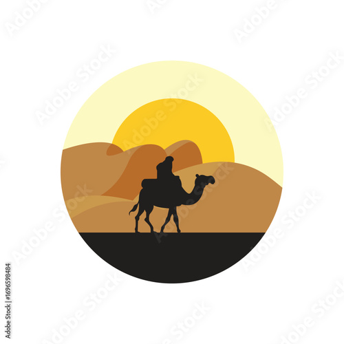 Man riding a camel logo shown with sunset sky view isolated white background. Best for badge, emblem and sticker design. vector illustration available in eps 10.