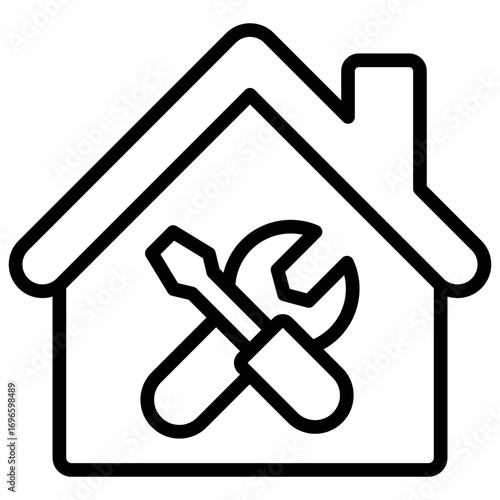 Home Repair Outline Icon Design Vector - House with tools wrench and screwdriver, symbolizing home repair, renovation, and maintenance