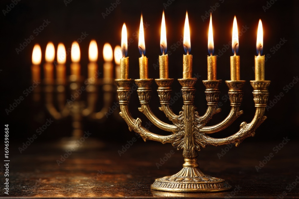 Fototapeta premium Oil Menorah. Hanukkah Celebration: Golden Glow of Oil lights in Jerusalem, Festival of Lights in Israel