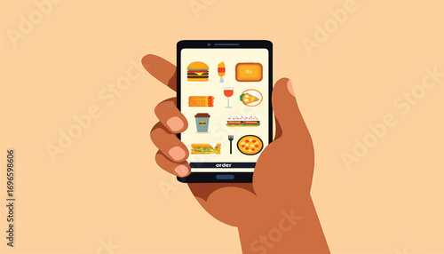 Man's hand holding a smartphone with a food ordering application interface for online delivery service. Flat vector eps concept