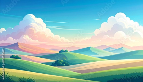 Vibrant cartoon landscape of a peaceful countryside with rolling green fields and a colorful summer sky illustration
